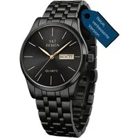 S&T Design Quarzuhr Herren Uhr Edelstahl Armbanduhr Herrenuhr V2, (Packung, inkl. Armbandkürzer & Uhrendose), Verbesserte Version Männer Uhr Schwarz Datum Wasserdicht 3Bar