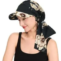 LuxusKollektion Turbanmütze Kopfbedeckung Damen Chemo Krempe Visier Gebundene Beige Blumen Schwarz