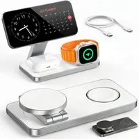 GreenHec Ladestation Apple Watch iPhone 3in1 MagSafe Ladegerät Wireless Charger Wireless Charger (3000 mA, Spar-Set, 3in1 PowerBase + USB-C Kabel + 20w Dual Charger, 17 16 15 14 13 12 Pro Max Air Charging Station Induktionsladegerät)