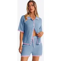 Imily Bela Hausanzug Damen Häkel 2-teiliger Set (Set, 2 tlg., Strickjacke + Shorts) Kontrastfarbige Details