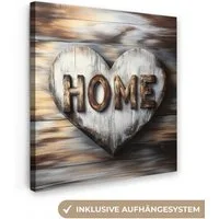 OneMillionCanvasses® Leinwandbild Zuhause - Herz - Holzoptik - Liebe, Fotodruck (1 St), Wandbild, Deko Schlafzimmer Wohnzimmer Flur 20x20 cm