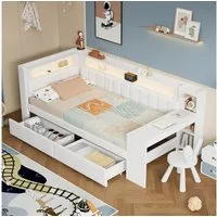 Flieks Daybett, Polsterbett 90x200cm mit 2 Schubladen, USB, LED und Schreibtisch
