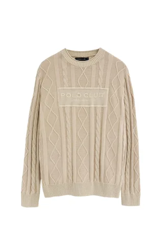 Zopfpullover beige mit Established 2012 Polo Club Relief-Stickerei