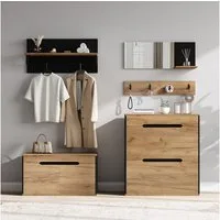 KLAM HOME Garderoben-Set Modulares Garderoben-Set Schwarz-Holzoptik mit Spiegel & Schuhbank, (Kombinierbare multifunktionale Flurgarderobe mit 2 Klapp-Schuhschränken), Komplette Eingangsgarderobe 156x36x176cm aus MDF und Spanplatten