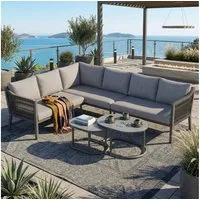 Flieks Gartenlounge-Set, 6-Sitzer Gartenmöbel Ecksofa, handgeflochtenes Seil, Glastischplatte