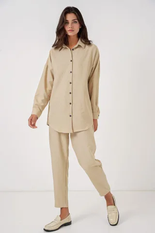 Leinenmix Langarmshirt und Hose Ko-Ord Set