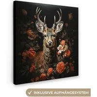 OneMillionCanvasses® Leinwandbild Hirsch - Tier - Blumen - Natur - Botanisch, Fotodruck (1 St), Wandbild, Deko Schlafzimmer Wohnzimmer Flur 20x20 cm