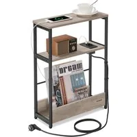 VASAGLE Beistelltisch schmal, Nachttisch, für Wohnzimmer, Schlafzimmer, 18 x 45 x 58 cm, mit Ladefunktion, Couchtisch, 3 Ablagen, meliert-tintenschwarz