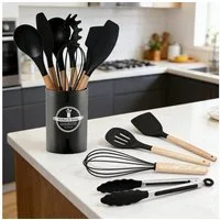 OKWISH Kochbesteck-Set 12er Küchenutensilien Set Küchenhelfer Kochgeschirrset (mit Hitzebeständigem Holzgriff und Aufhängeschlaufe, 12-tlg., Kochbesteck, Silikon und Holz), BPA-frei für Kochen Braten Schöpfen Mischen und Backen usw