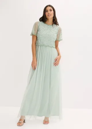 bonprix Maxikleid aus feinem Tüll mit Paillettenstickerei, grün, Gr.46, Elegant und feminin: Abendkleid aus feinem Tüll mit Paillettenstickerei im Oberteil. Der-Muschel-Saum im Oberteil und an Ärmel verleihen dem Kleid eine besondere Eleganz.