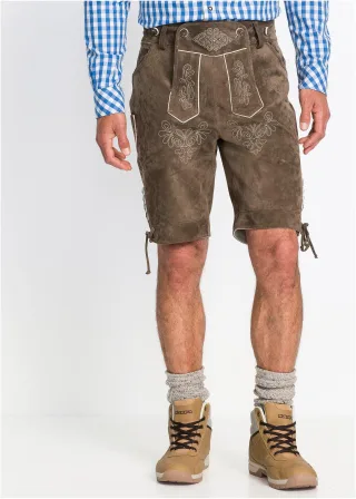 bonprix Regular Fit Trachtenhose aus Leder, grün, Gr.50, Kurze Lederhose mit abknöpfbarem Latz und trachtentypischen Verzierungen, aus Glattleder