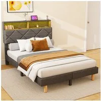oyajia Polsterbett Stauraumbett Doppelbett LED, Leinenstoff, geräuscharm, mit Lattenrost,hochtragfähig, robust