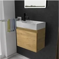 Alpenberger Badmöbel-Set - Gäste WC Waschbecken mit Unterschrank 45 cm Breit, (Badschrank 2-tlg., Waschtisch hängend), Waschbeckenunterschrank mit Softclose - Eiche Natur - Rechts Becken