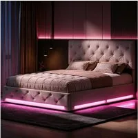 Furnishings Home Polsterbett LED Stauraumbett Doppelbett (Verstellbare Kopfteilhöhe, Hydraulisch hebbarer Stauraum), Mit LED-Beleuchtung, Lattenrost, Leinen, 160x200 cm