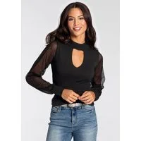 Melrose V-Ausschnitt-Pullover mit femininen Mesh-Ärmeln und Cut-Out