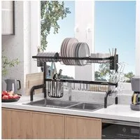 HOMCOM Geschirrständer 2-stufig, mit Haken, Tellerregal, Zubehör, Zubehör für Spülbecken, 100 cm Abtropfgitter Gestell für Küchenspüle, Stahl, Schwarz