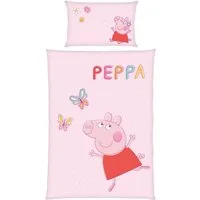 MTOnlinehandel Kinderbettwäsche Peppa Pig 100x135 + 40x60 cm, 100 % Baumwolle, 2 teilig, Babybettwäsche, Wende-Motiv mit Peppa Wutz, Schmetterling, rosa