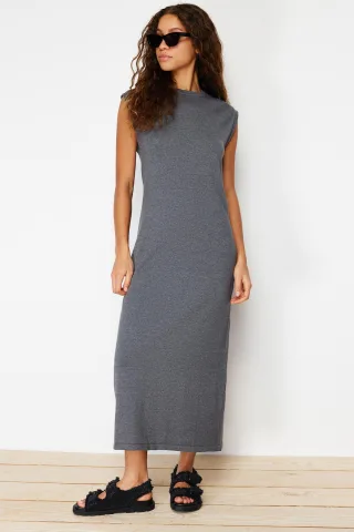 Grau Unifarbenes Maxikleid für Damen, ärmellos, lässig, normale Passform