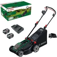 Bosch Home & Garden Akkurasenmäher ROTAK18V-43, 43 cm Schnittbreite, (inkl. 2 Akkus und Ladegerät), Kraftvoller 3-in-1-Mäher für mittelgroße bis größere Rasenflächen