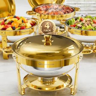 Warmounts Gold Chafing Dishes for Buffet (5QT, 2/4 Pack), Round Stainless Steel Chafer and Warmer Set with Lid Holder, M
