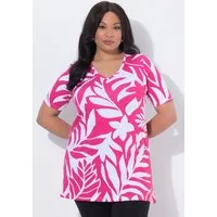 Ulla Popken Longshirt Longshirt Blätter A-Linie V-Ausschnitt Halbarm