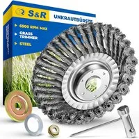 S&R Drahtbürste Stahlbürste, Unkrautbürste 150 mm x 25,4 mm, für Rasentrimmer, (Set, 5-TLG Set mit Zubehör), Motorsense Freischneider, gegen Unkraut, Moos, starke Verunreinigungen
