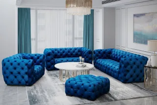 Sofaset Designersofa NATALIE 3-2-1 in Stoff Riviera Blau