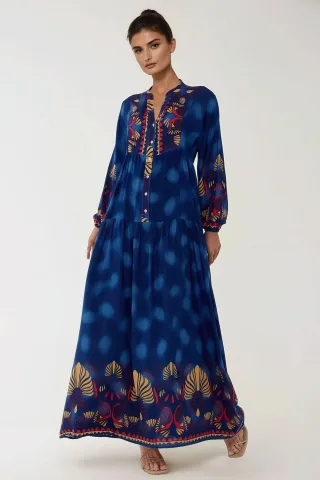 Bedrucktes Viskose-Maxikleid mit langen Ärmeln