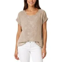 dy_mode Kurzarmbluse Kurzarm Bluse Elegantes Baumwollshirt Damen einfarbig Blusenshirt in Unifarben, Rundhalsausschnitt, mit Blumenstickerei