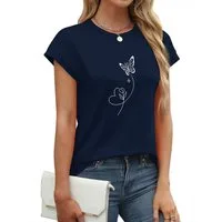 PYLIKE Kurzarmshirt Damen bequemes Sommer Kurzarm Carmenshirt Locker Schmetterling Print Modische Outfits Business Strand Urlaub Blusen Kleidung