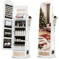 LVSOMT Schmuckschrank 360° Drehbar, LED Bogen Schmuckschrank mit Spiegel, 163x37cm Stehender Holzschrank mit 3-stufigem Regal