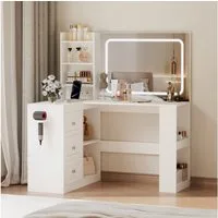 YOUDENOVA Schminktisch mit LED-Spiegel & Steckdose, 120*80cm, Weiß (1-St), L-förmiges Eckdesign, Großer LED-Spiegel mit dimmbarer Beleuchtung