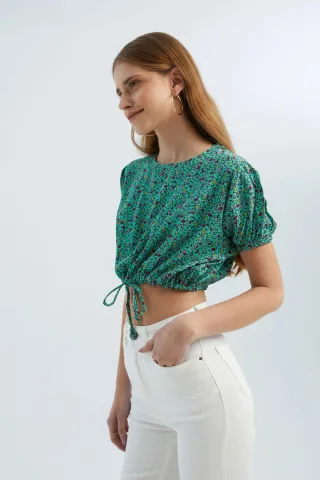Blumen Rundhalsausschnitt Kordelzug Cropped Top