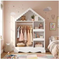 VOWNER Kinderkleiderschrank Hausform, Kindergarderobe mit Acrylspiegel, 84,6 x 34 x 124 cm (1-St) Kind Kleiderständer mit Kleiderstange, Regalen & Haken