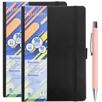 WESTCOTT Notizbuch DIN A5 kariert (2er-Set) inkl. PRIMESOFT Kugelschreiber, 80 g/m² FSC, Innentasche, Lesezeichen, Gummizug, Stifthalter