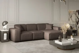 Ecksofa Designersofa CELES in Stoff Scala Taupe Ottomane Rechts