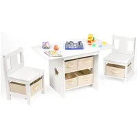Yorbay Kindersitzgruppe Kindertisch mit 2 Stühlen, mit 6 Aufbewahrungskörben, (Kindersitzgruppe 3tlg, Weiß + Beige, Kindertisch mit Stauraum), Sitzgruppe für Kinder, Maltisch für Kinderzimmer, Spielzimmer
