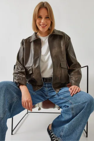 Faux-Leder Lockere Passform Jacke mit Hemdkragen