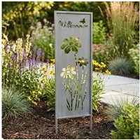 Levandeo® Gartenstecker Gartenstecker Willkommen H83cm Stele Grau Betonoptik Garten-Deko