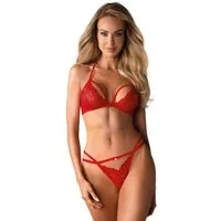 Obsessive Set: Bügelloser BH Dessous-Set: BH und String mit Spitze - rot (2-tlg) transparent