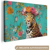 OneMillionCanvasses® Leinwandbild Leopard - Blumen - Krone, Fotodruck (1 St), Leinwand Bilder Klein, Wand Dekoration Aesthetic 30x20 cm