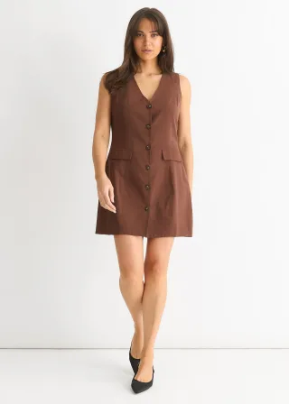 Schokoladenfarbenes Leinenhemd mit Knopfleiste Minikleid