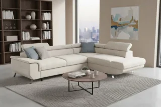 Ecksofa mit Schlaffunktion PLATO Sofa in Stoff Onega Ecru Ottomane Rechts