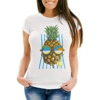 Neverless Print-Shirt Damen T-Shirt chilling Ananas Pinapple Sommer Beach Cocktail mit Print
