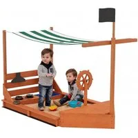 Outsunny Sandkasten Kinder Sandbox mit Abdeckung Sandkiste mit Sitzbänken für Outdoor, (Matschekiste aus Holz, 1-tlg., Segelschiff Spielhaus mit Küchenspielset), für Kinder 3-7 Jahre, Grün