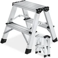 tectake Teleskopleiter Doppelseitige Aluminium Trittleiter 2 Stufen, Belastbarkeit 150 kg (Stehleiter, in silber), klappbar, klappbar, geriffelte Trittfläche, abgerundete Kanten