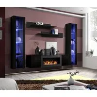 ASM-Moebel Wohnwand Wohnwand FLY M2 Hochglanz Push-Click mit Bio-Ethanol Kamin und Led, Bio-Ethanol Kamin, Led Beleuchtung, Push-Click und Hochglanzfronten