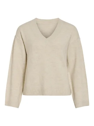 VILA - VILIGA L/S REV V-NECK KNIT TOP - NOOS Birch - Gr. - L