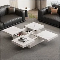 Merax Couchtisch mit versteckten Stauraum und Marmor-Optik (1-St), Quadratischer Wohnzimmertisch Satztisch mit 4 Schubladen, 90x90x25cm