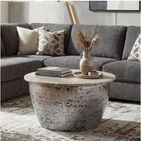 FINEBUY Couchtisch FB116731 Sofatisch Marmor Wohnzimmertisch 60cm rund Tisch Handmade (Extravaganter Tisch in moderner Trommelform), Weiße Marmorplatte auf massivem Eisen